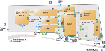CAFE Halle 6 Halle 8 Halle 2 Halle 10 Niederösterreich-Halle Eingang WEST Wien, Rosenbrücke, St. Pölten, Krems Tulln ZENTRUM, Wien Eingang OST Aussteller-Einfahrt Vortrags-zentrum   Tagungszentrum HAUPT-EINGANG Freigelände OST Eingang SÜD Halle 5   Halle 4 Halle 3 Halle 7 Messerestaurant Shuttle Eingang NORD Freigelände WEST Donauhalle Halle 1